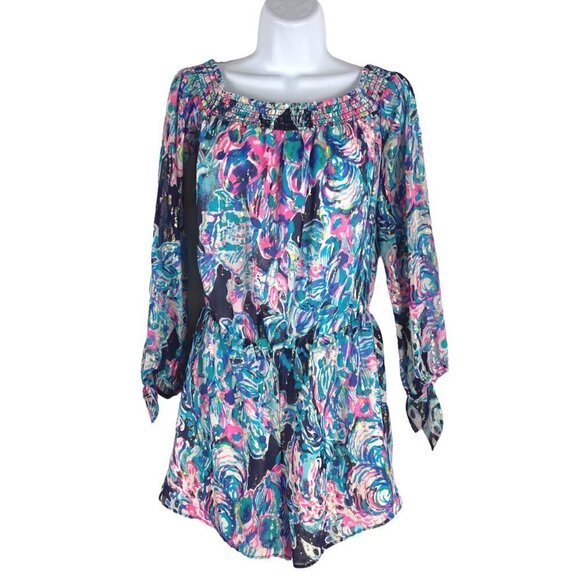 Lilly Pulitzer Myri Romper Bright Navy Caught‎ Up Small Off Shoulder DR-1269 - Picture 3 of 10